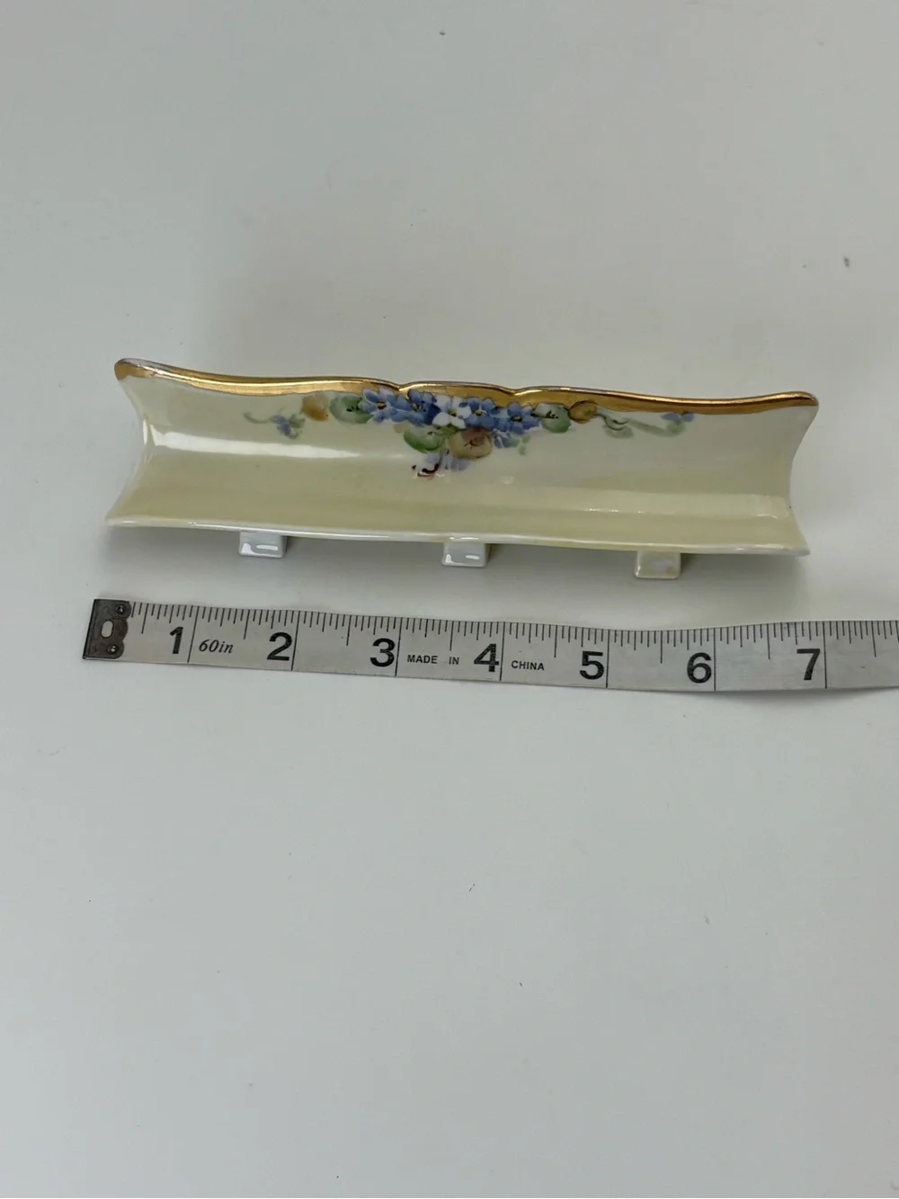 Vintage 1940s French Limoges Porcelain Tray with Delicate Blue Flowers and Gold